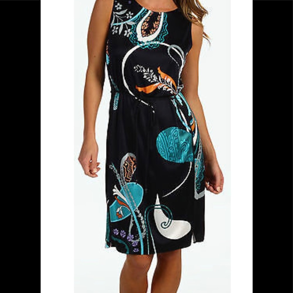 Elie Tahari Bethany Jersey Navy Floral Tie Waist Sleeveless shift dress.